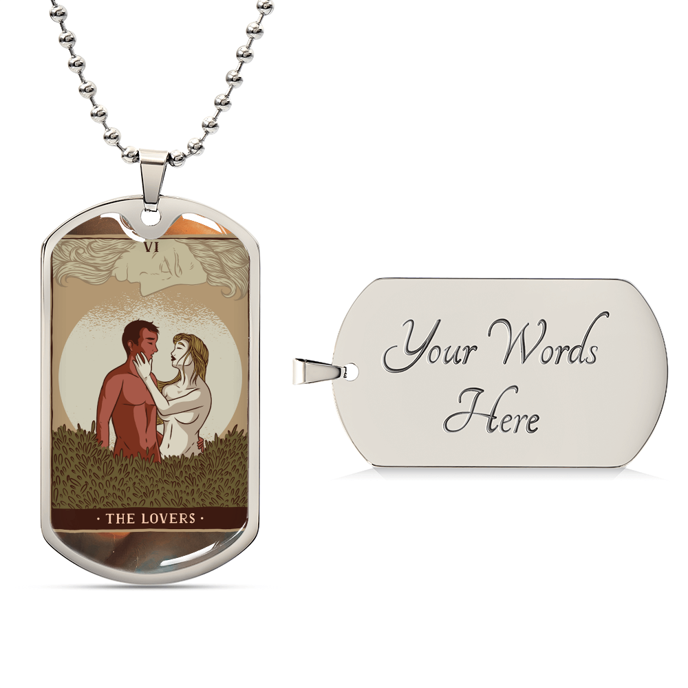 Tarot Card Necklace. Silver Or Gold. For Wiccans, Astrology, Zodiac, Spiritual, Best Friend. Boho. The Lovers Card - Army Tag Necklace, Dog Tag Necklace