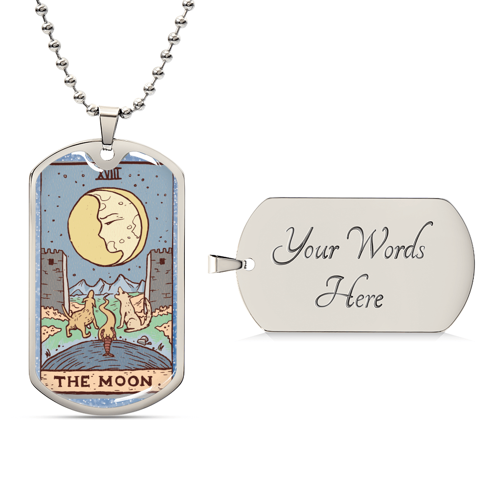 Tarot Card Necklace. Silver Or Gold. For Wiccans, Astrology, Zodiac, Spiritual, Best Friend. Boho. The Moon Card - Army Tag Necklace, Dog Tag Necklace