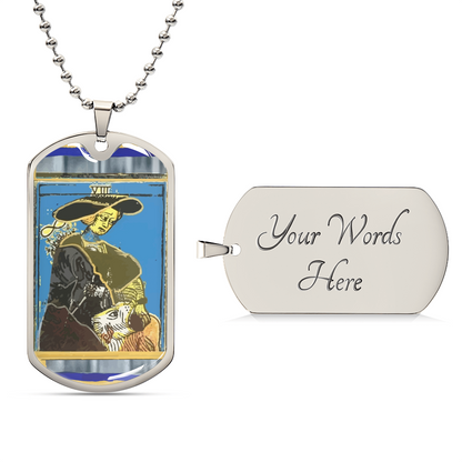 Tarot Card Strength Pendant Necklace In Gold Or Silver Finish - New Strength Tarot Card Jewelry Design - Army Tag Necklace, Dog Tag Necklace