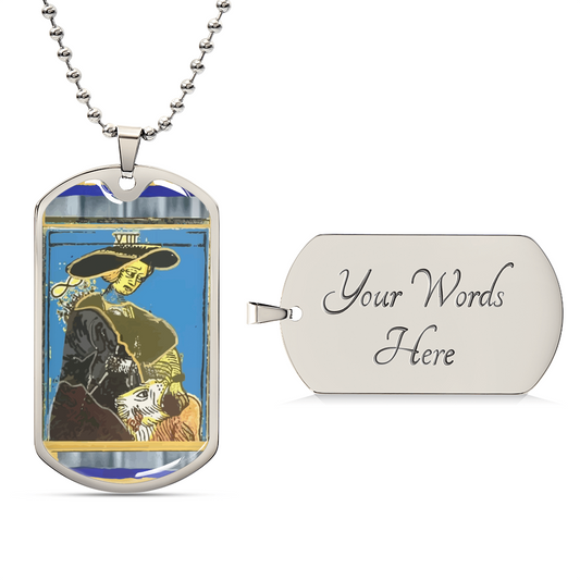 Tarot Card Strength Pendant Necklace In Gold Or Silver Finish - New Strength Tarot Card Jewelry Design - Army Tag Necklace, Dog Tag Necklace