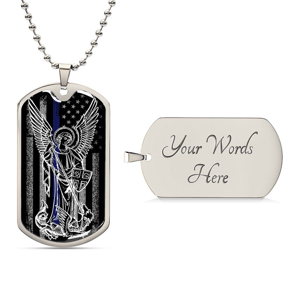 Police Officer Thin Blue Line With Archangel Michael Dogtag - Army Tag Necklace, Dog Tag Necklace