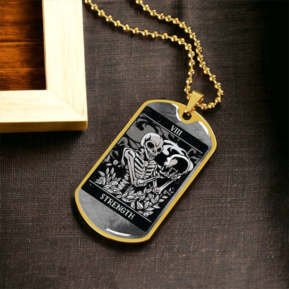 Tarot Card Necklace. Silver Or Gold. For Wiccans, Astrology, Zodiac, Spiritual, Best Friend. Boho. Strength Card - Army Tag Necklace, Dog Tag Necklace
