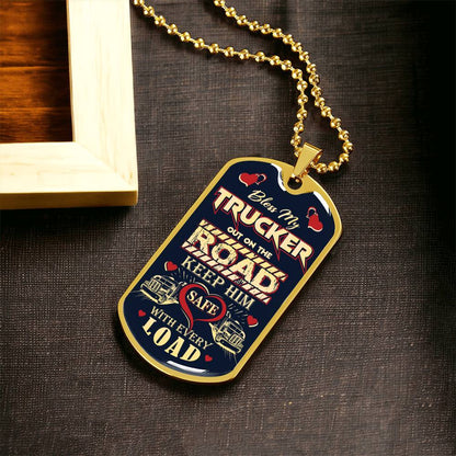 Bless My Trucker - Gift For Trucker - Truck Driver Gifts - Army Tag Necklace, Dog Tag Necklace