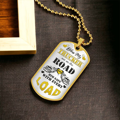 Bless My Trucker Necklace With Semi Truck And Angel Wing Charms, To My Husband, Trucker Gift - Gift For Him - Dog Tag Necklace - Army Tag Necklace, Dog Tag Necklace