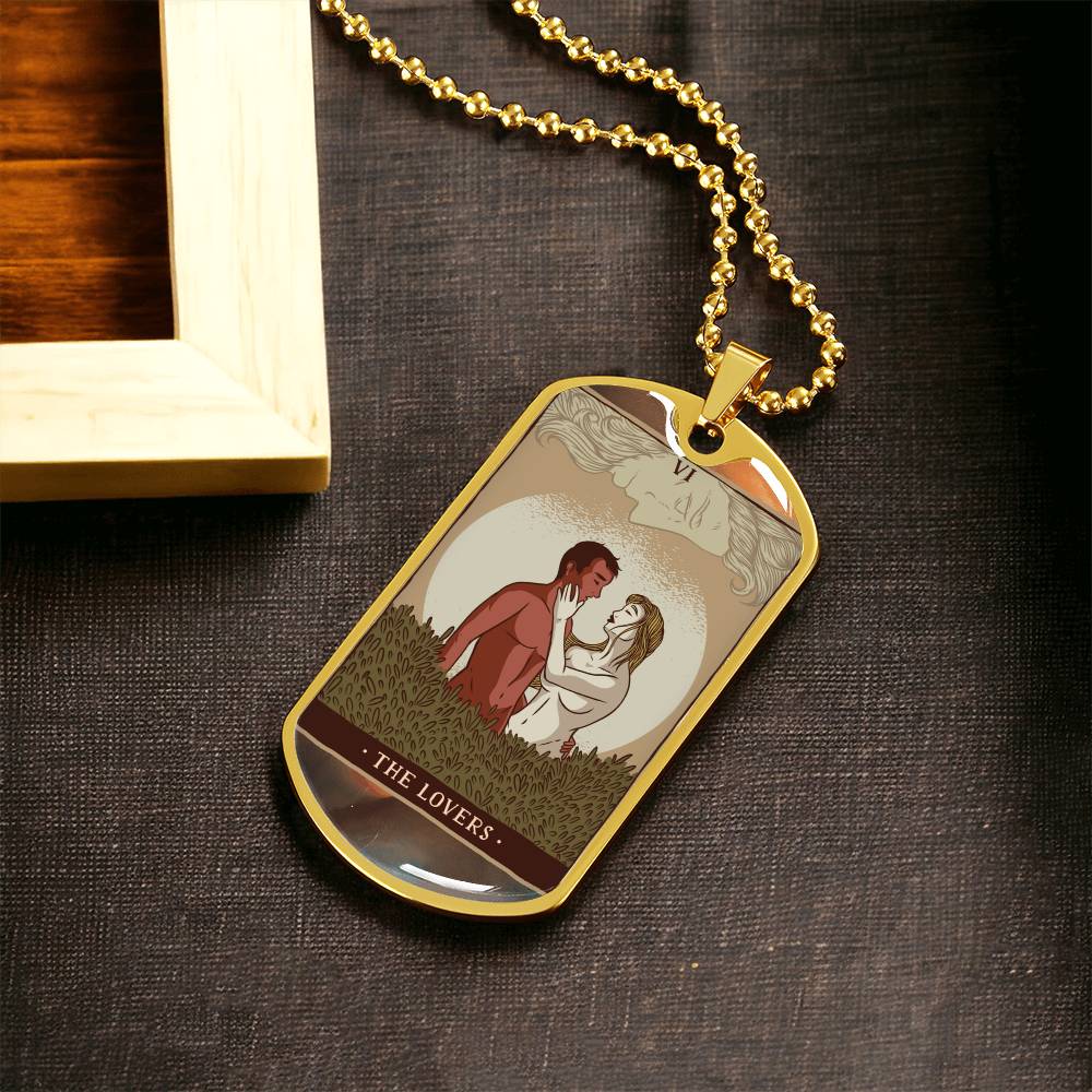 Tarot Card Necklace. Silver Or Gold. For Wiccans, Astrology, Zodiac, Spiritual, Best Friend. Boho. The Lovers Card - Army Tag Necklace, Dog Tag Necklace