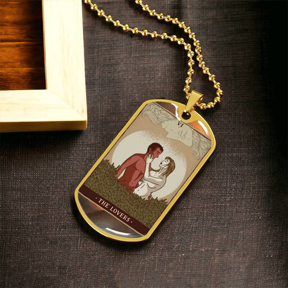 Tarot Card Necklace. Silver Or Gold. For Wiccans, Astrology, Zodiac, Spiritual, Best Friend. Boho. The Lovers Card - Army Tag Necklace, Dog Tag Necklace