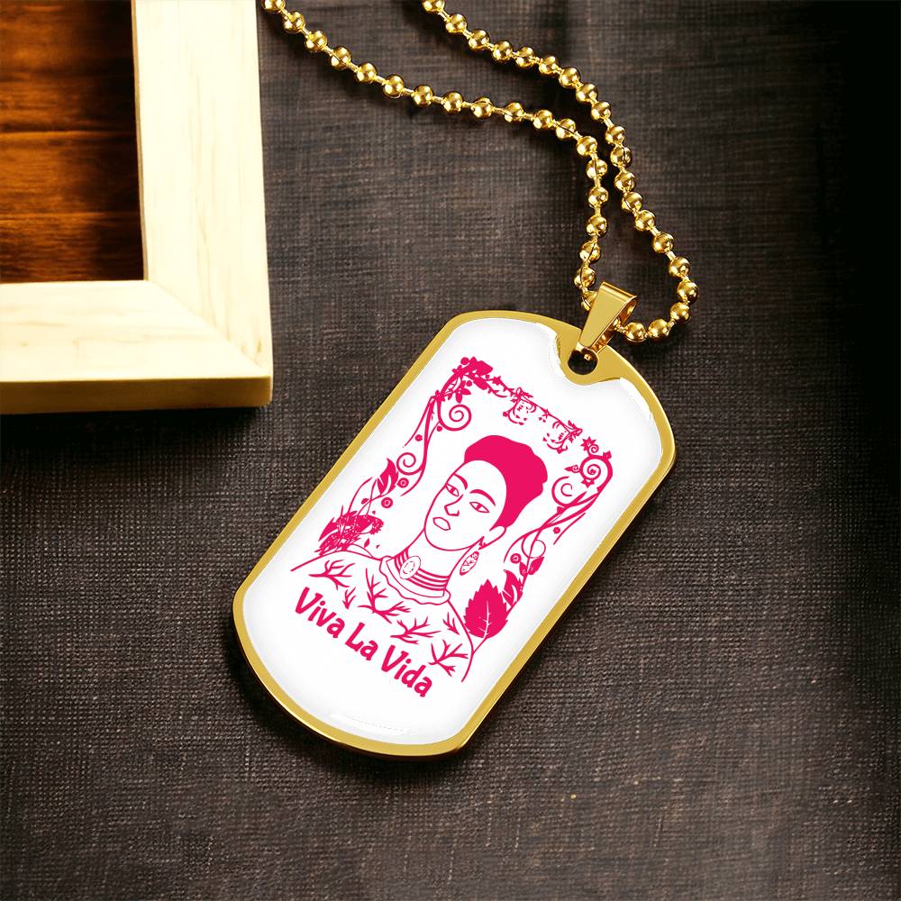 Frida Viva La Vida Pendant Necklace - Army Tag Necklace, Dog Tag Necklace