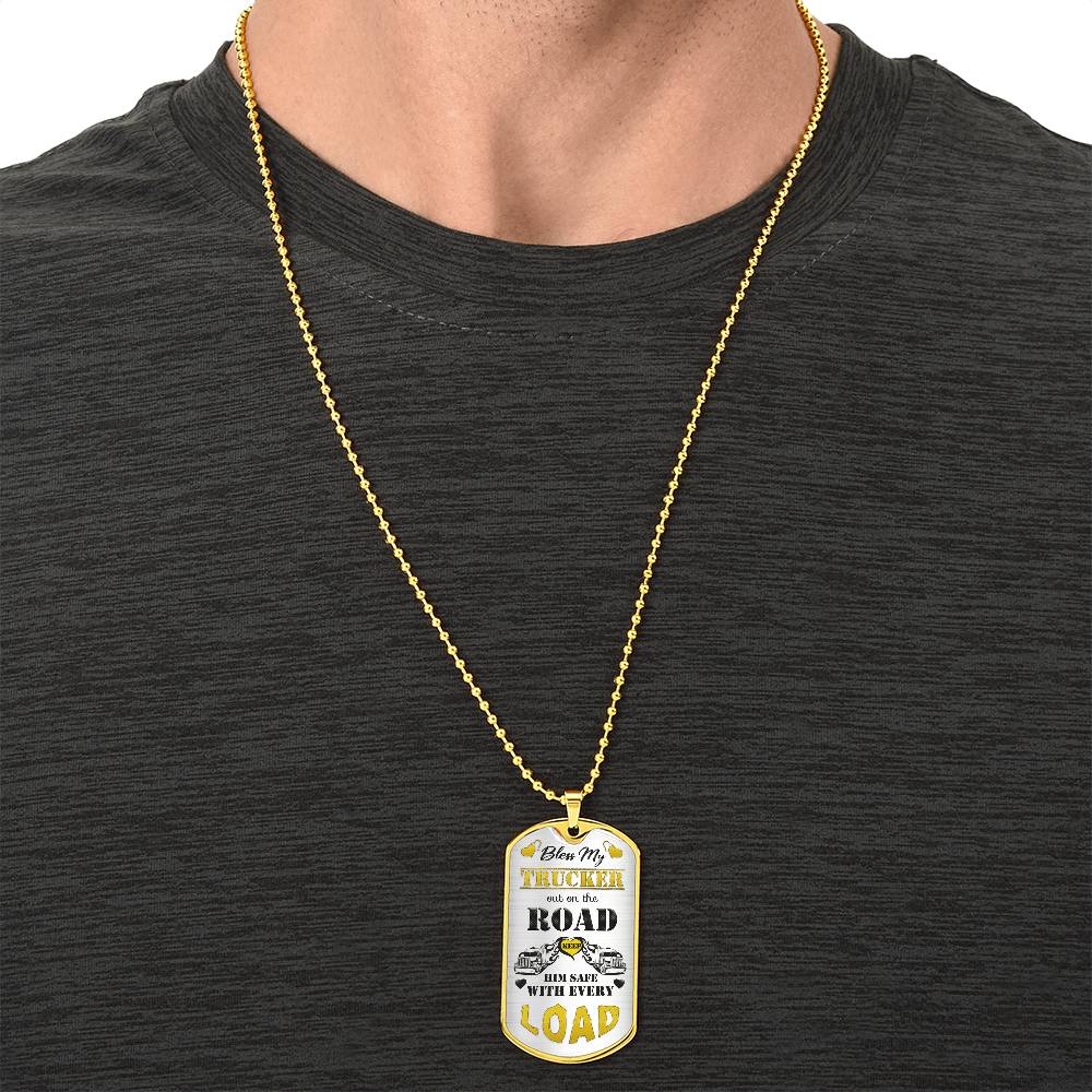 Bless My Trucker Necklace With Semi Truck And Angel Wing Charms, To My Husband, Trucker Gift - Gift For Him - Dog Tag Necklace - Army Tag Necklace, Dog Tag Necklace