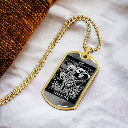 Tarot Card Necklace. Silver Or Gold. For Wiccans, Astrology, Zodiac, Spiritual, Best Friend. Boho. Strength Card - Army Tag Necklace, Dog Tag Necklace