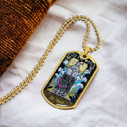 Tarot Card Necklace. Silver Or Gold. For Wiccans, Astrology, Zodiac, Spiritual, Best Friend. The Tower Card - Army Tag Necklace, Dog Tag Necklace