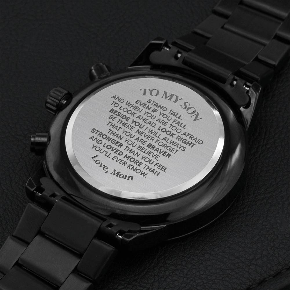 Gift For Son Stand Tall From Mom Engraved Customized Black Chronograph Watch Engraving Chronograph Watch