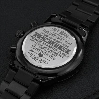 My Man - You Complete Me - Engraved Design Black Chronograph Watch Engraving Chronograph Watch