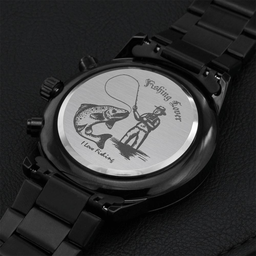 Fishing Lover Engraved Design Black Chronograph Watch Engraving Chronograph Watch