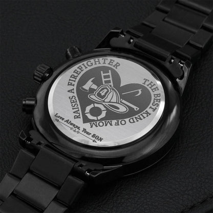 To My Best Firefighter Mom Engraved Design Black Chronograph Watch Engraving Chronograph Watch