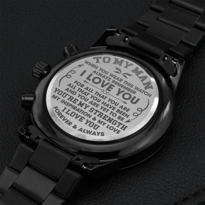 Mm001 - Engraved Design Black Chronograph Watch Gift For Your Man Engraving Chronograph Watch