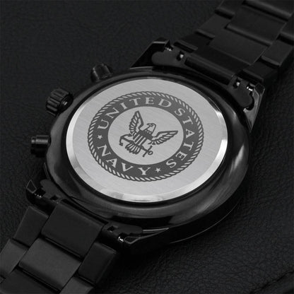 Men's Black Chronograph Watch - Navy Emblem Engraving Engraving Chronograph Watch