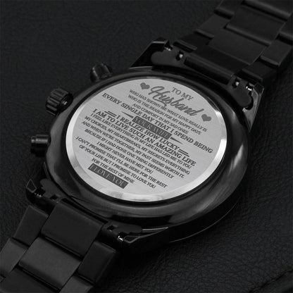 To My Husband Customized Black Chronograph Watch For Father's Day From Wife Engraving Chronograph Watch