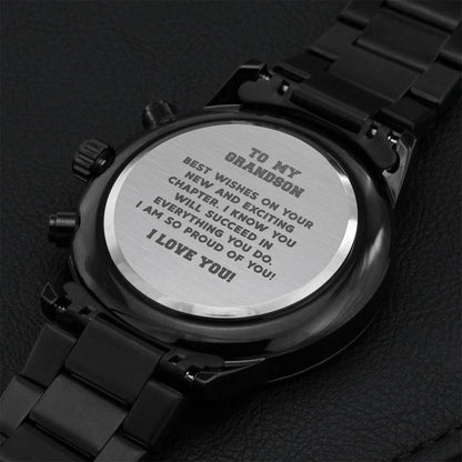 Grandson Graduation Custom Gift Fathers Day Gift For Grandson From Grandmother Black Chronograph Engraved Watch For Men New Job Gift Engraving Chronograph Watch