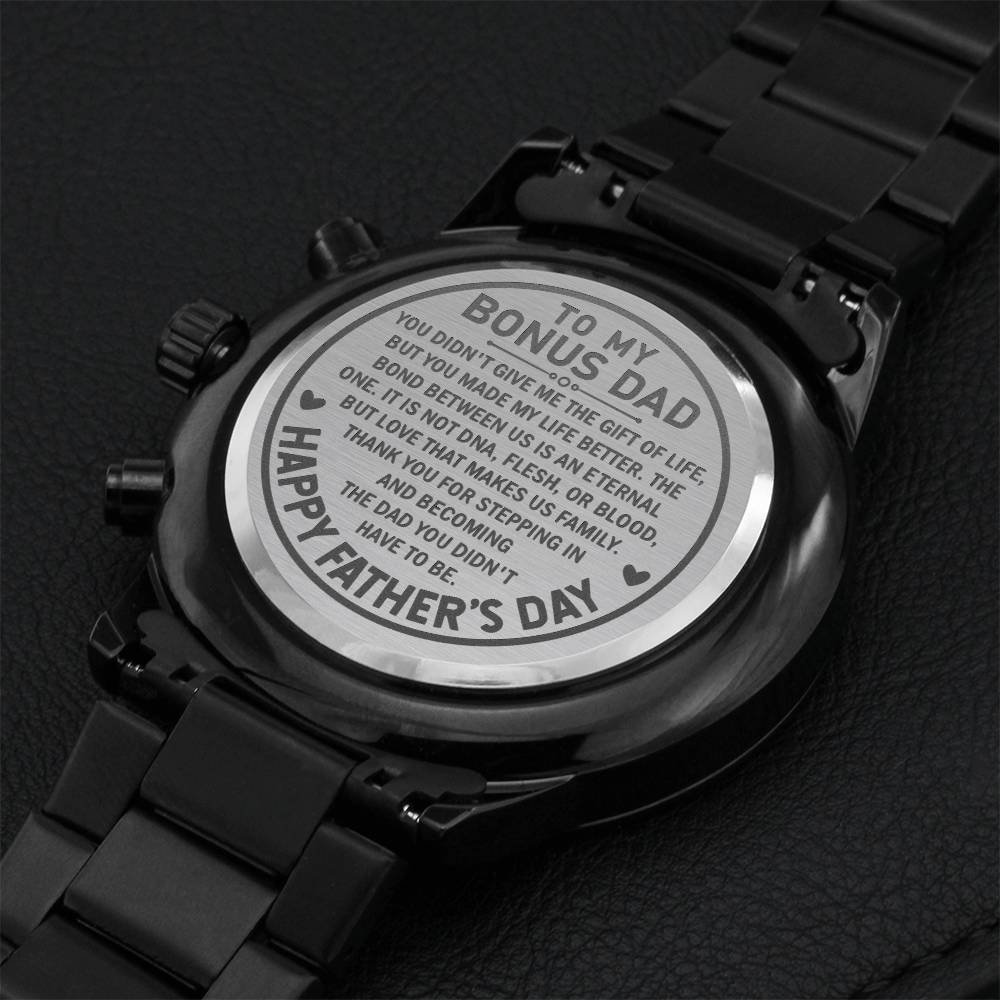 To My Bonus Dad - Engraved Design Black Chronograph Watch Engraving Chronograph Watch