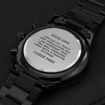 Son Graduation Custom Gift Fathers Day Gift For Son From Mom Black Chronograph Engraved Watch For Men New Job Gift For Son From Dad 1 Engraving Chronograph Watch
