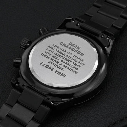 Grandson Graduation Custom Gift Fathers Day Gift For Grandson From Grandmother Black Chronograph Engraved Watch For Men New Job Gift 1 Engraving Chronograph Watch