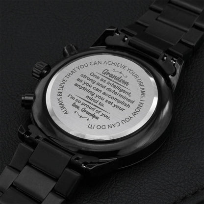 Grandson I'm So Proud Of You Grandpa - Gift Watch From Grandfather For Birthday Graduation Or Any Celebration! Engraving Chronograph Watch