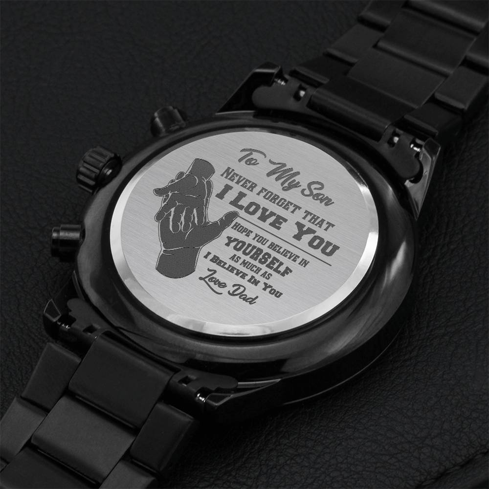 Gift For Son Never Forget That I Love You Engraved Customized Black Chronograph Watch Engraving Chronograph Watch