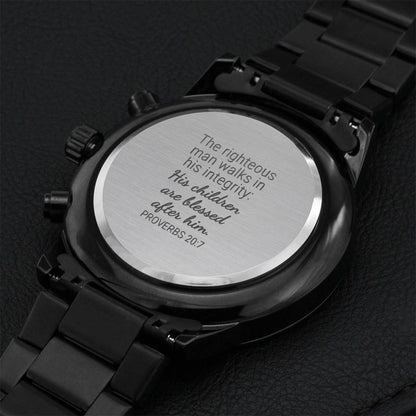 Fathers Day Gift For Husband Birthday Gift For Dad Christmas Gift For Son Gift For Grandpa Black Chronograph Engraved Watch For Men Engraving Chronograph Watch