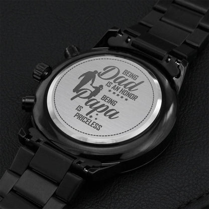Being Papa Is Priceless - Engraved Design Black Chronograph Watch Engraving Chronograph Watch