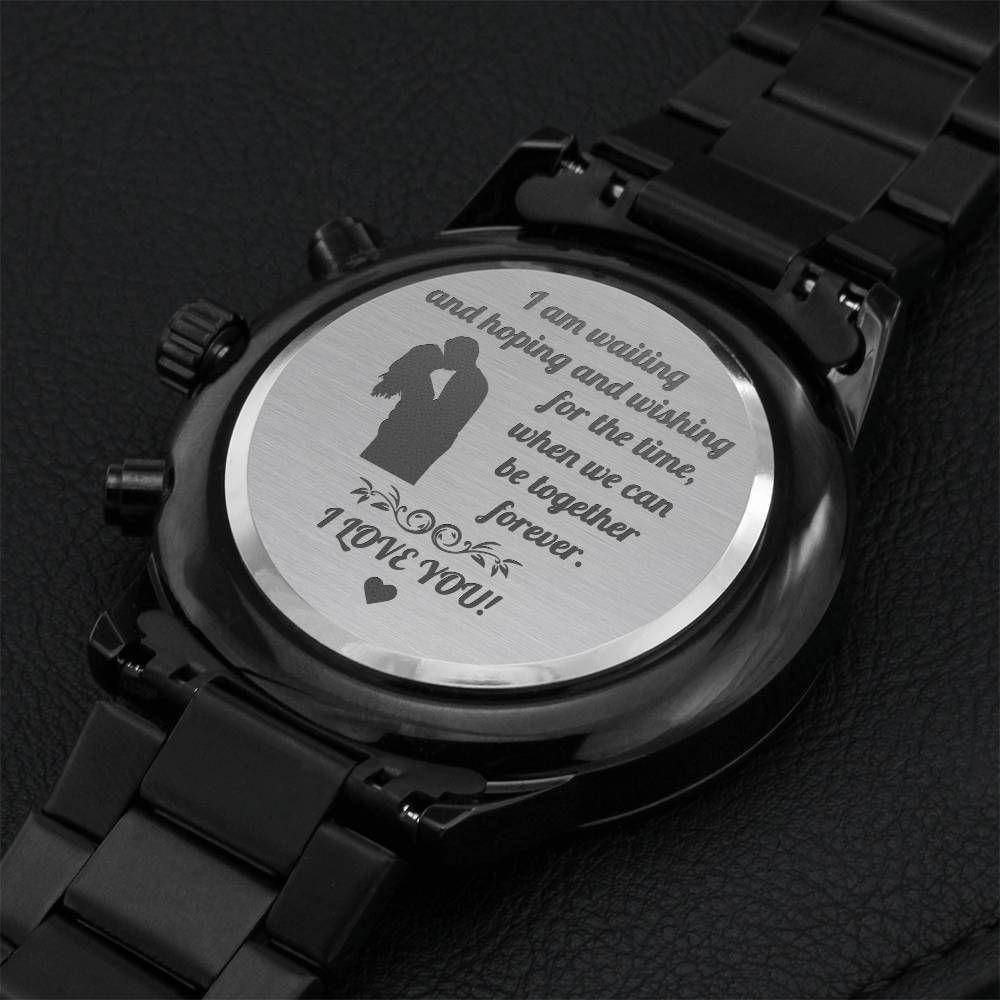 Engraved Black Chronograph Watch Waiting Hoping Wishing Forever Engraving Chronograph Watch