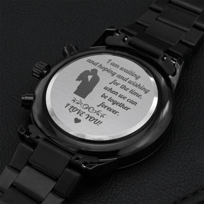 Engraved Black Chronograph Watch Waiting Hoping Wishing Forever Engraving Chronograph Watch