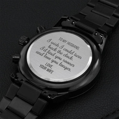 Gift For Husband Fathers Day Gift From Wife Husband Birthday Gift Black Chronograph Engraved Watch For Men Christmas Gift For Husband Engraving Chronograph Watch