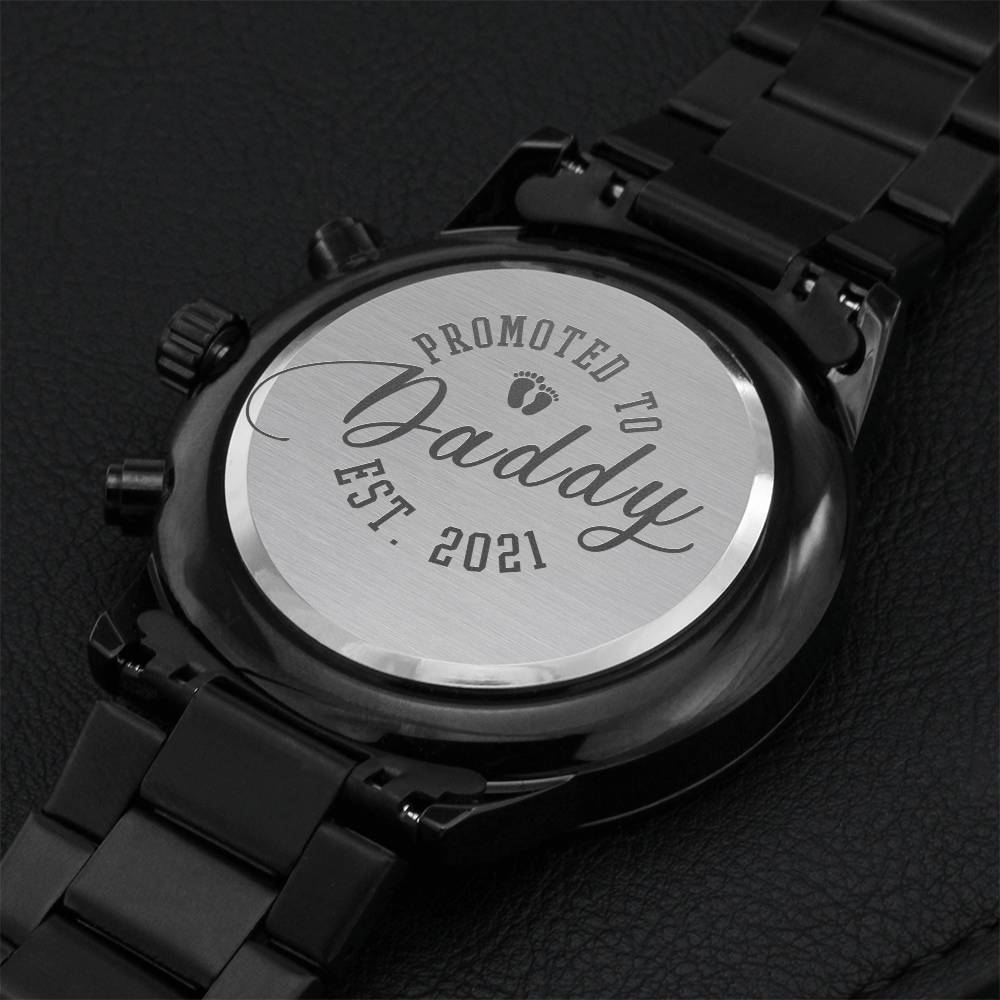 Promoted To Daddy Engraved Black Chronograph Watch Father's Day Engraving Chronograph Watch