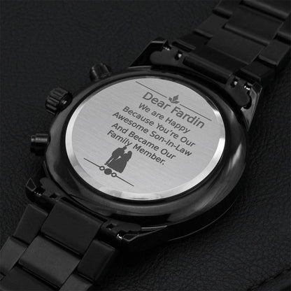 Gift For New Son-in-law Son-in-law Engraved Design Black Chronograph Watch For Birthday Or Wedding Engraving Chronograph Watch