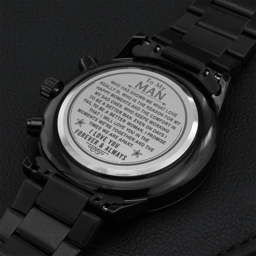 To My Man - Engraved Design Black Chronograph Watch 1 Engraving Chronograph Watch