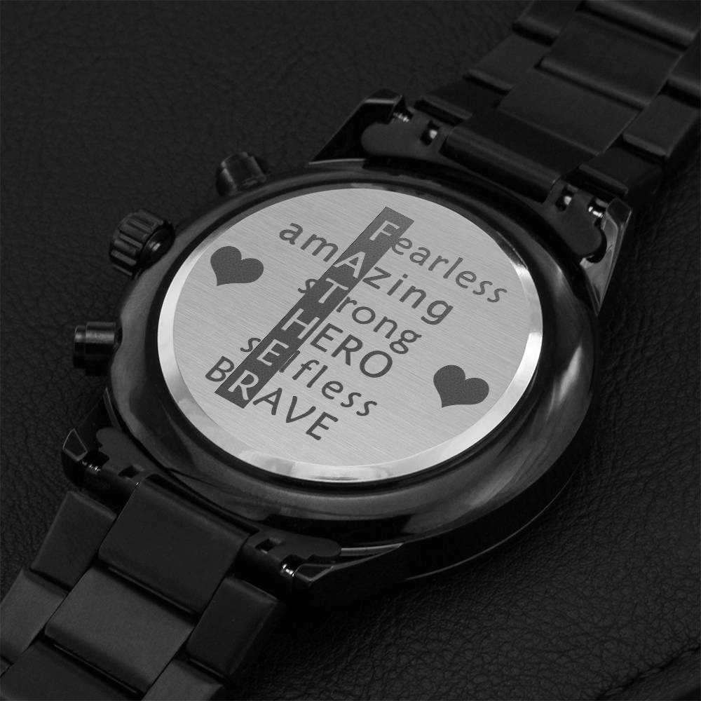 Gift For Dad Black Chronograph Watch Analog With Custom Graphic Engraving Chronograph Watch