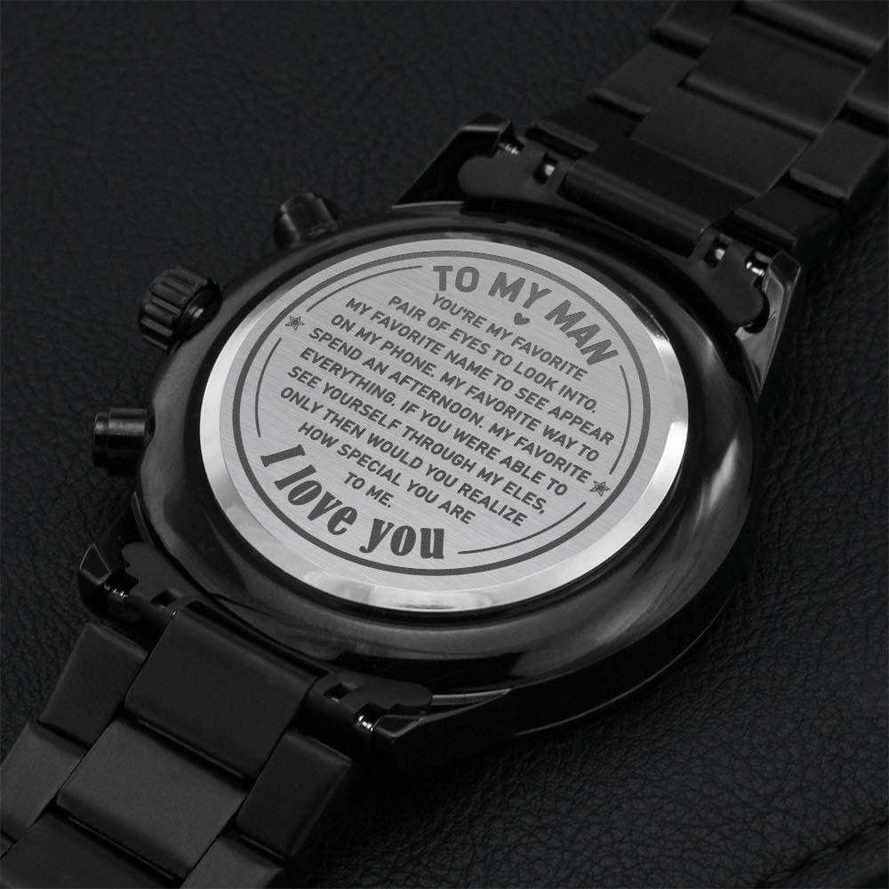 To My Man - Engraved Design Black Chronograph Watch 3 Engraving Chronograph Watch
