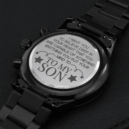 To My Son - Engraved Design Black Chronograph Watch Engraving Chronograph Watch