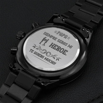Spanish Engraved Black Chronograph Watch Siempre Seras Mi Heroe Engraving Chronograph Watch