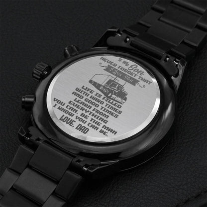Never Forget I Love You Engraved Customized Black Chronograph Watch Gift For Son Engraving Chronograph Watch