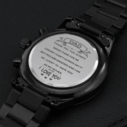 Black Chronograph Watch With Engrave Message For Your Dad... Engraving Chronograph Watch