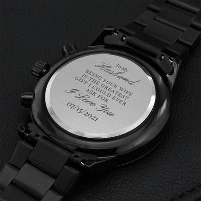 Men's Wristwatch Gift Black Analog Wristwatch Engraved With Wedding Date For Husband Or Fiance Engraving Chronograph Watch