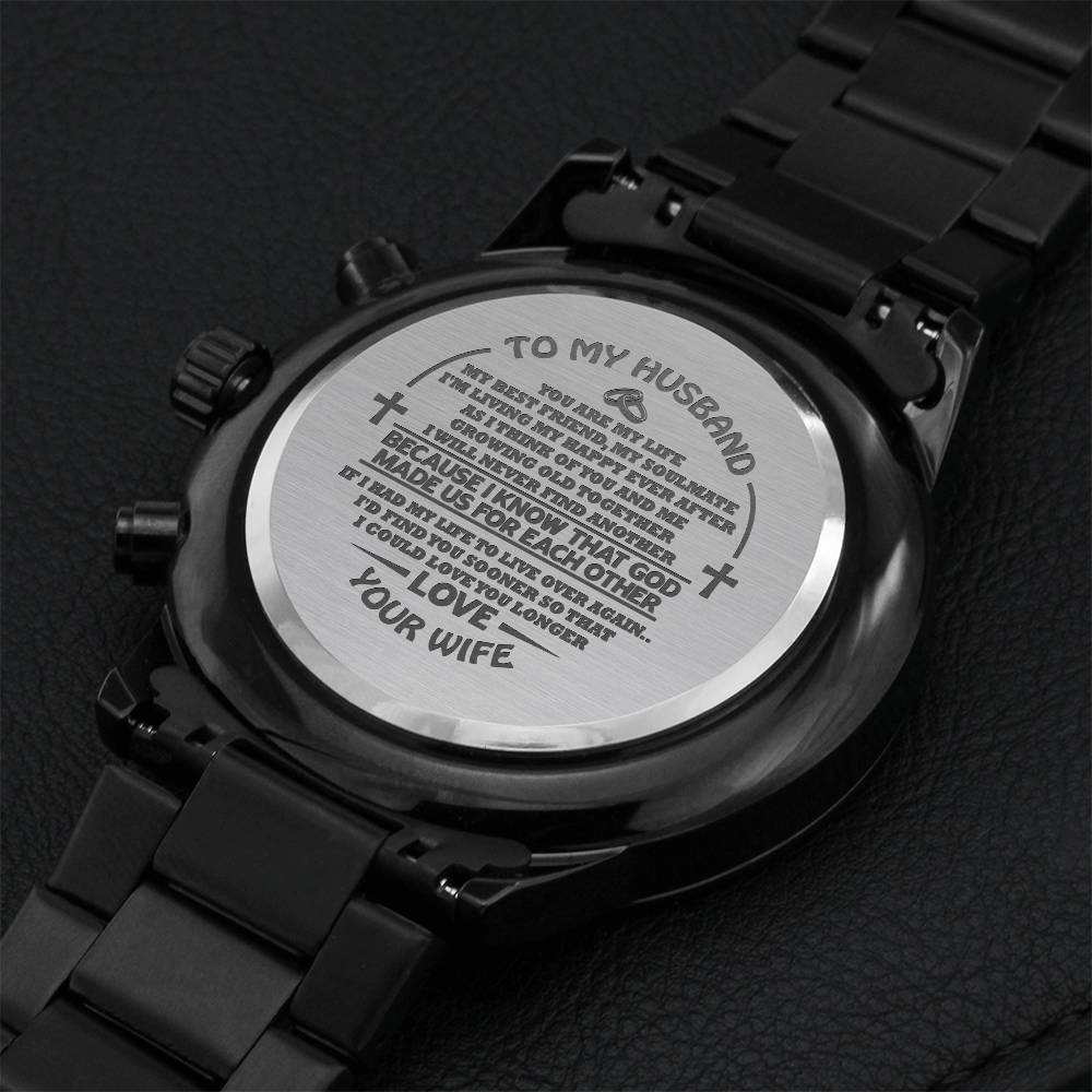 My Happy Ever After - To My Husband - Black Engraved Design Chronograph Watch Engraving Chronograph Watch
