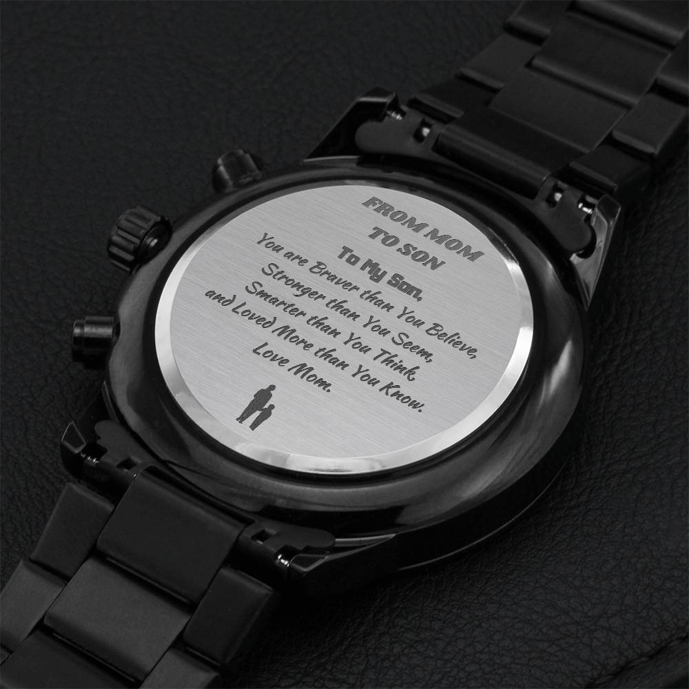 To My Son Engraved Design Black Chronograph Watch Engraving Chronograph Watch