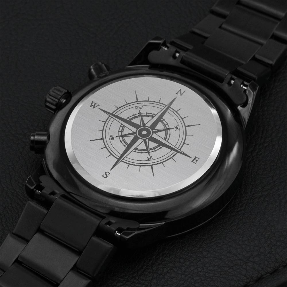 Black Chronograph Watch - Compass Design Engraved Engraving Chronograph Watch