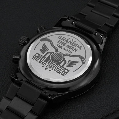 Biker Grandpa The Man The Myth The Legend The Bad Influence Engraving Chronograph Watch