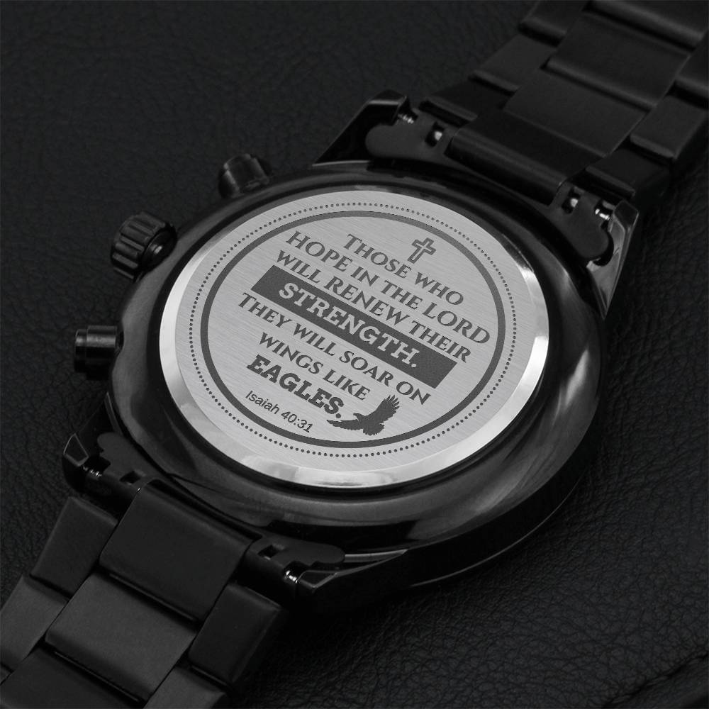 Isaiah 4031 Bible Verse Engraved Design Black Chronograph Watch Engraving Chronograph Watch
