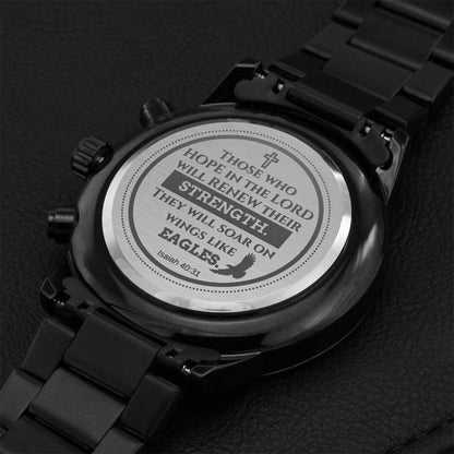Isaiah 4031 Bible Verse Engraved Design Black Chronograph Watch Engraving Chronograph Watch