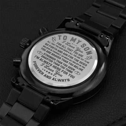 To My Son - Aim For The Skies Engraved Stainless Steel Watch Right Gifts Custom Birthday Graduation Gift For My Son From Mom Mother Dad Father Engraving Chronograph Watch