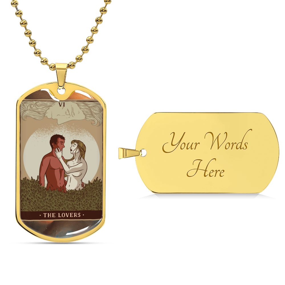 Tarot Card Necklace. Silver Or Gold. For Wiccans, Astrology, Zodiac, Spiritual, Best Friend. Boho. The Lovers Card - Army Tag Necklace, Dog Tag Necklace